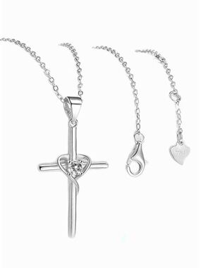 Silver Tone Cross Pendant Necklace w/ Heart Accent And Circonia Center Stone NWT